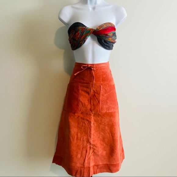 Vintage Rust Genuine Leather Suede A-line Skirt w Front Pockets by Dollhouse S - Picture 10 of 11